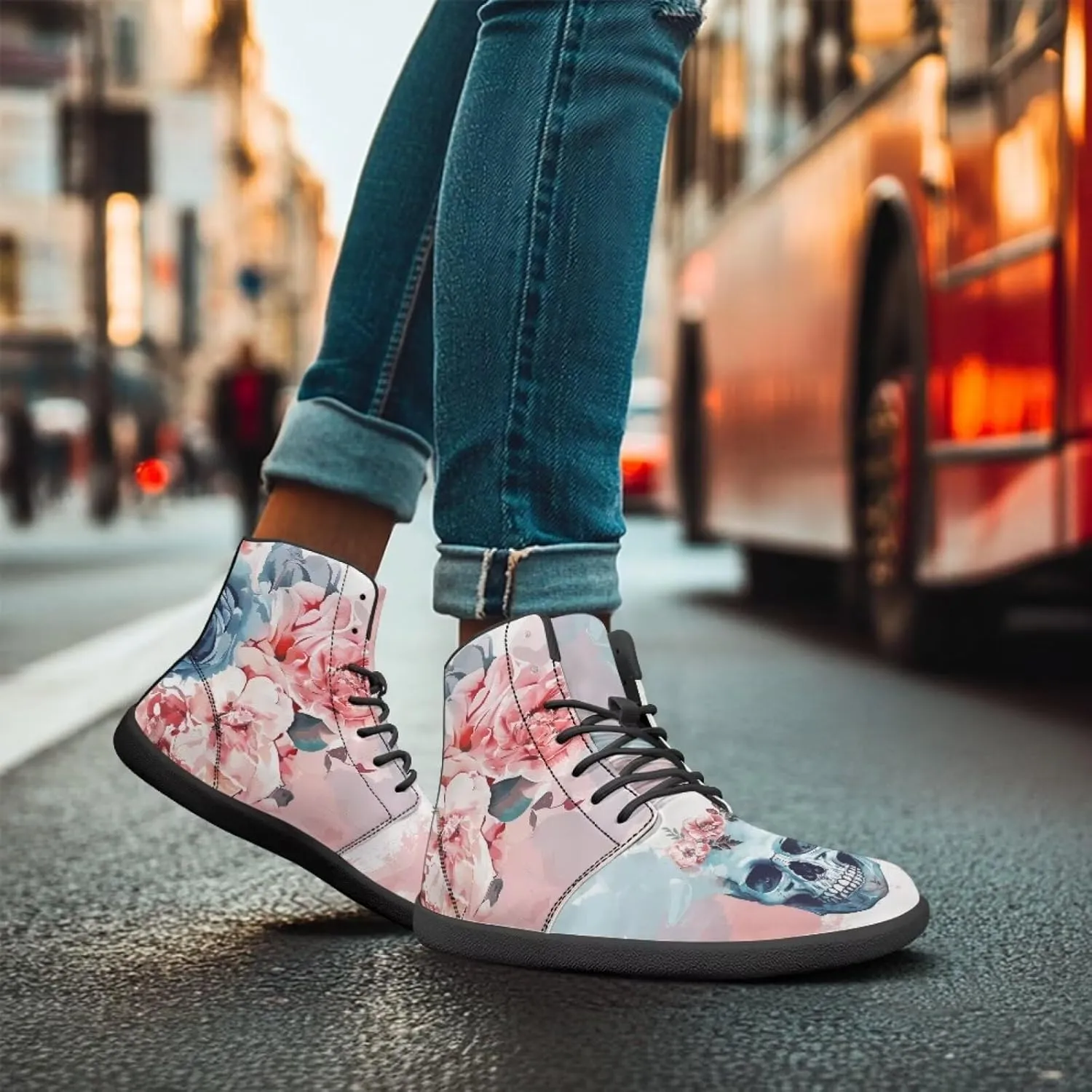 Howilath Rose Skull Print Barefoot Sneakers Men Wide Toe Zero Drop Sneaker Minimalist Shoes High Top Shoes