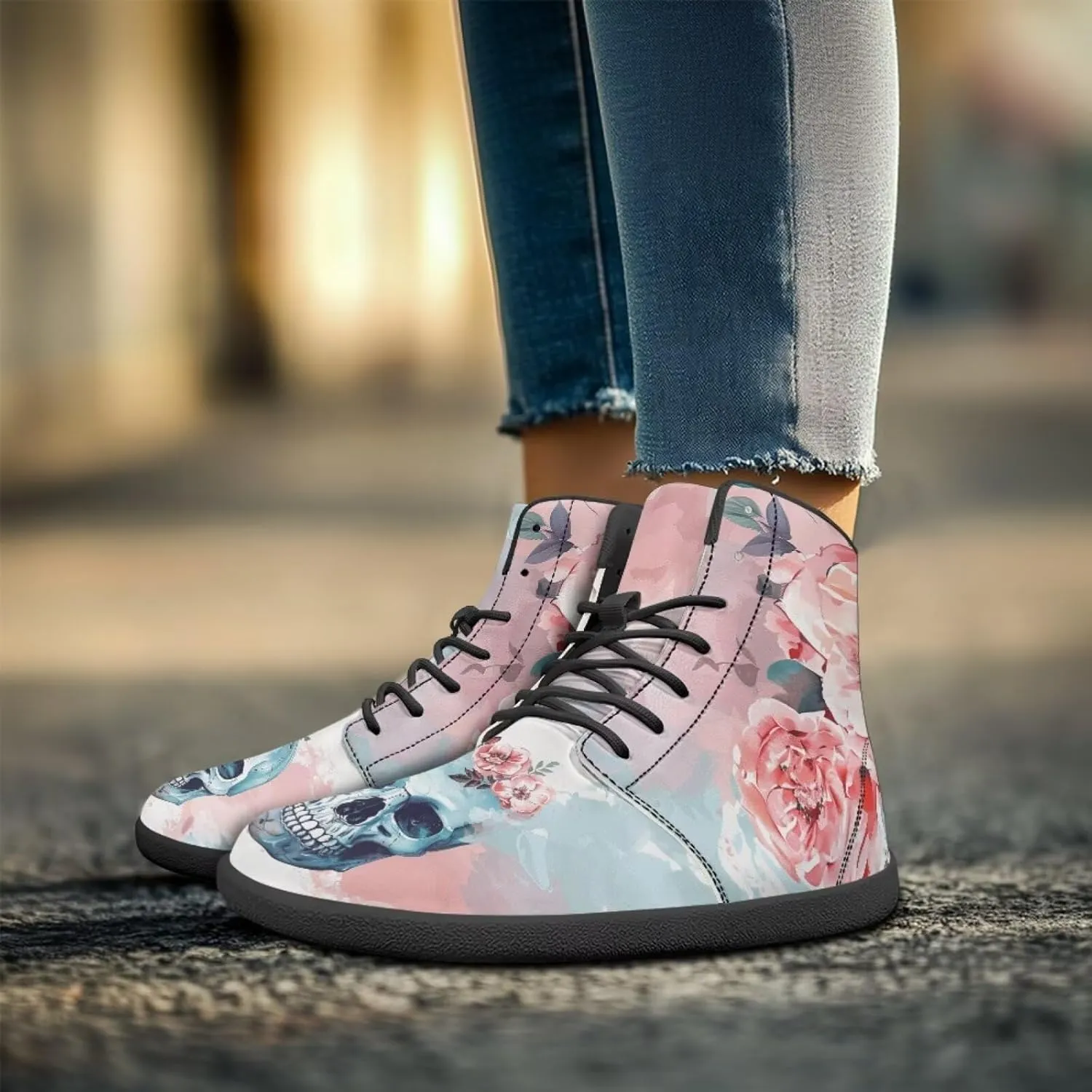Howilath Rose Skull Print Barefoot Sneakers Men Wide Toe Zero Drop Sneaker Minimalist Shoes High Top Shoes