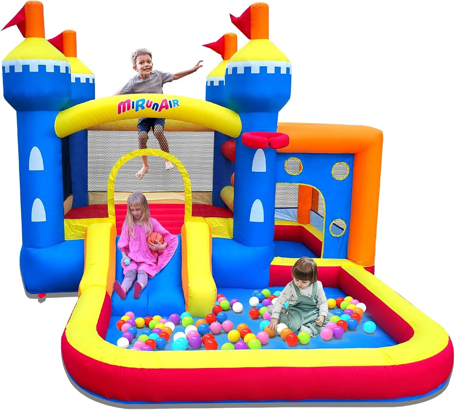 Inflatable Bounce House, Bouncy House for Kids 3-10 Ages, Jumping Castle with Air Blower,Carry Bag, Ball Pit, Basketball Hoop, Slide
