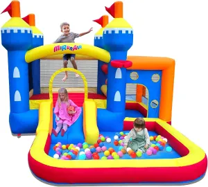 Inflatable Bounce House, Bouncy House for Kids 3-10 Ages, Jumping Castle with Air Blower,Carry Bag, Ball Pit, Basketball Hoop, Slide