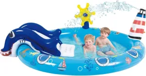 Inflatable Play Center Marine Life Spray Pool with Slide Swimming Pool for Kids Toddler Summer Garden Backyard Park Water Slide Splash Toy, 80" x 60"x25"