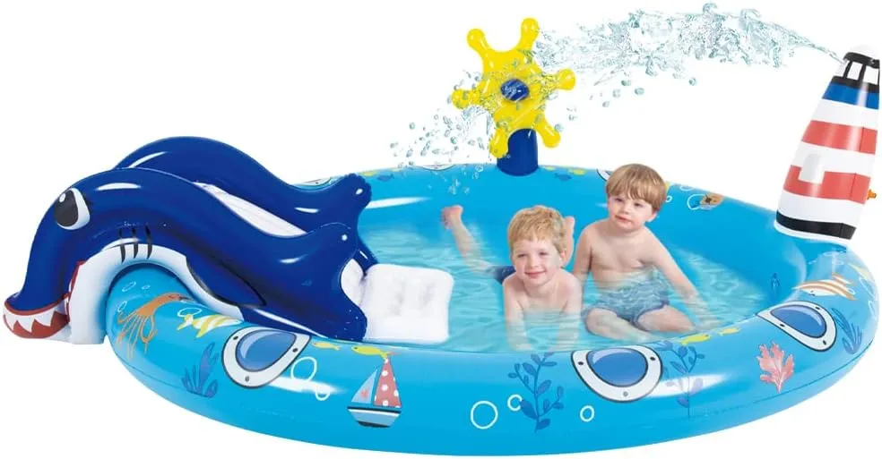 Inflatable Play Center Marine Life Spray Pool with Slide Swimming Pool for Kids Toddler Summer Garden Backyard Park Water Slide Splash Toy, 80" x 60"x25"