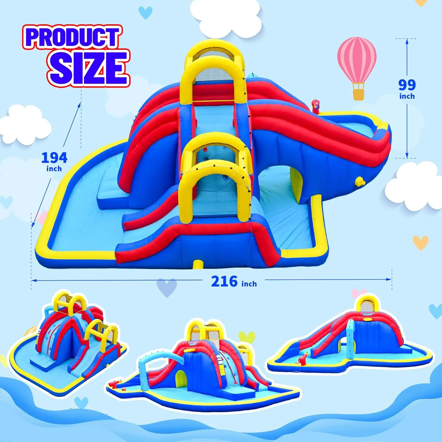 Inflatable Water Slide for Kids, 2 Climbing Walls, 2 Slides, 2 Splash Pool, Basketball Hoop, Blow Up Water Slides for Backyard with 650W Blower (Blue, 216" L x 194" W x 99" H)
