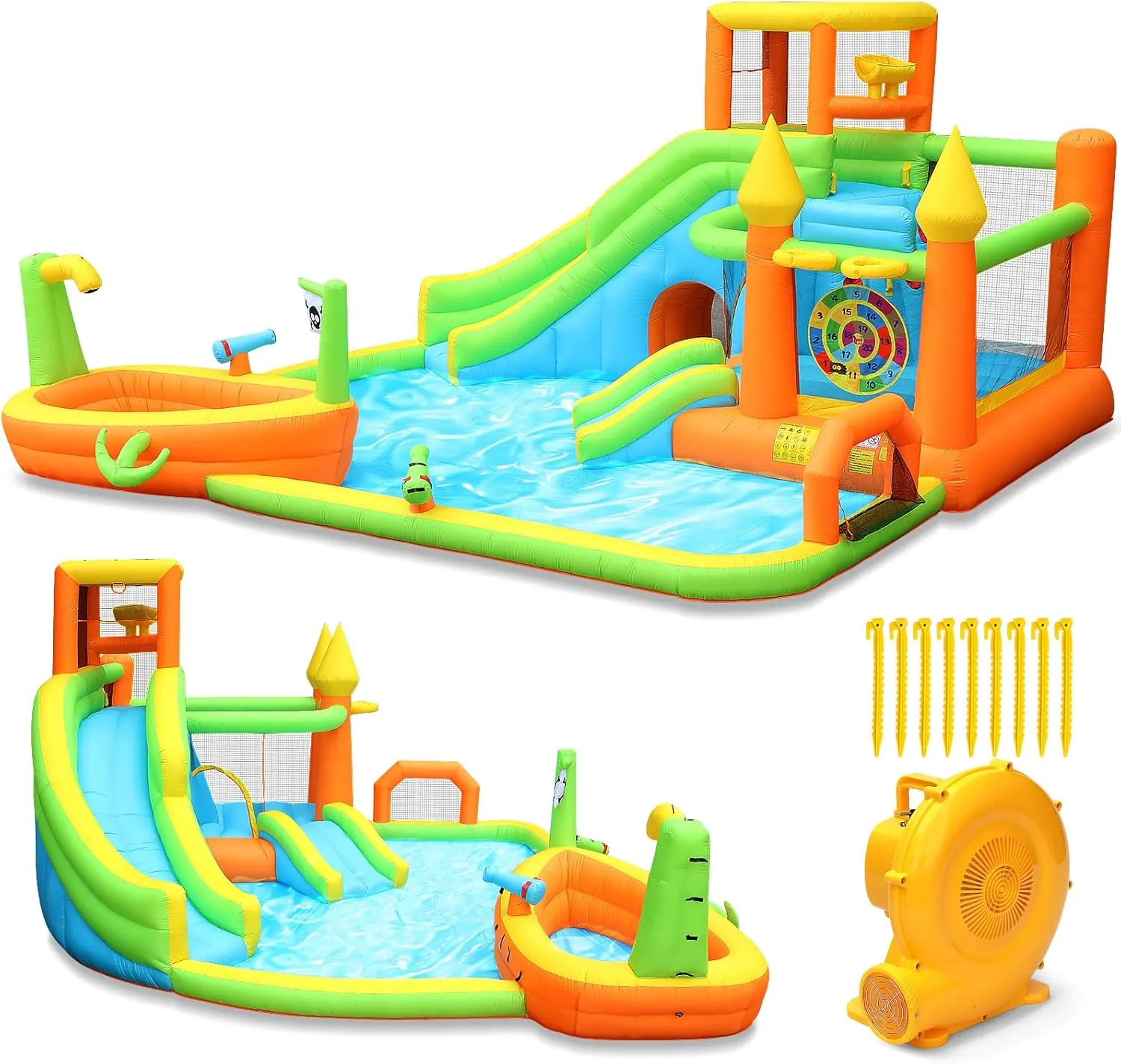Inflatable Water Slide Park, Large Water Bouncer Castle Fun Bouncy House with Large Pool, Dual Slides, Climbing Wall, Basketball, Soccer, Archery, Toss Game, Easy to Set Up with Air Blower