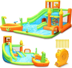 Inflatable Water Slide Park, Large Water Bouncer Castle Fun Bouncy House with Large Pool, Dual Slides, Climbing Wall, Basketball, Soccer, Archery, Toss Game, Easy to Set Up with Air Blower