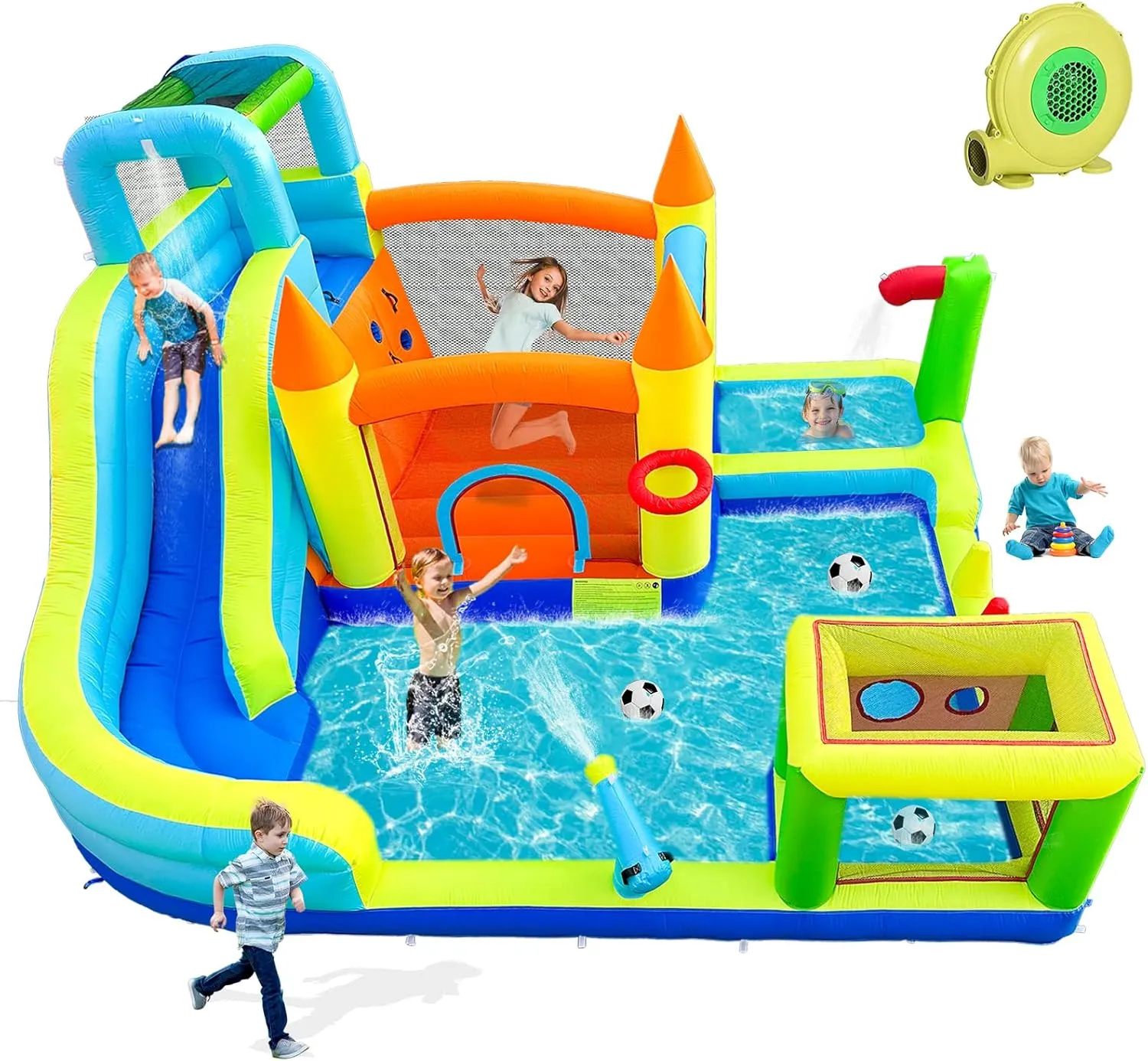Inflatable Water Slide Park with Splash Pool for Kids,Climbing Wall,Bounce House with Ball Shooting,Kids Bouncy Castle with Air Blower for Outdoor Backyard