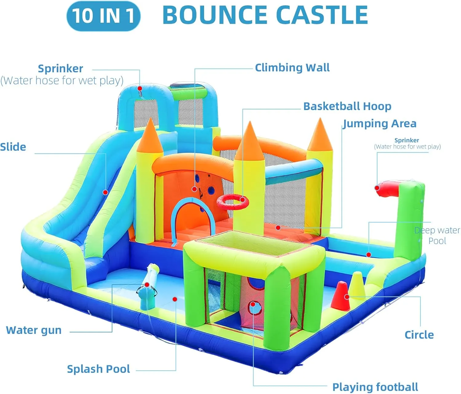 Inflatable Water Slide Park with Splash Pool for Kids,Climbing Wall,Bounce House with Ball Shooting,Kids Bouncy Castle with Air Blower for Outdoor Backyard