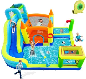 Inflatable Water Slide Park with Splash Pool for Kids,Climbing Wall,Bounce House with Ball Shooting,Kids Bouncy Castle with Air Blower for Outdoor Backyard