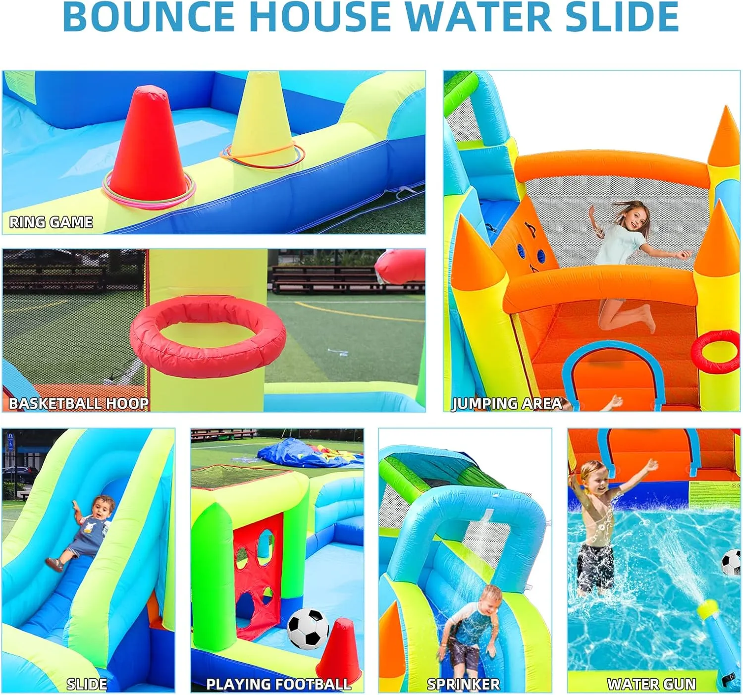 Inflatable Water Slide Park with Splash Pool for Kids,Climbing Wall,Bounce House with Ball Shooting,Kids Bouncy Castle with Air Blower for Outdoor Backyard