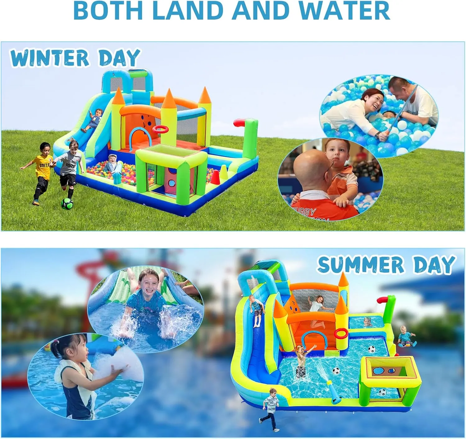 Inflatable Water Slide Park with Splash Pool for Kids,Climbing Wall,Bounce House with Ball Shooting,Kids Bouncy Castle with Air Blower for Outdoor Backyard
