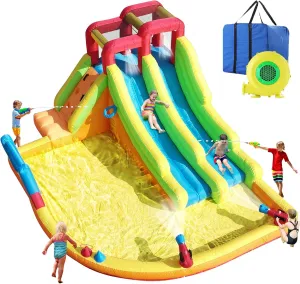 Inflatable Water Slides for Kids Backyard, Double Water Slides Inflatable Water Park with Dartboard, Big Splash Pool, Water Cannon, Blower, Kids Blow Up Water Slides for Backyard Outdoor Party