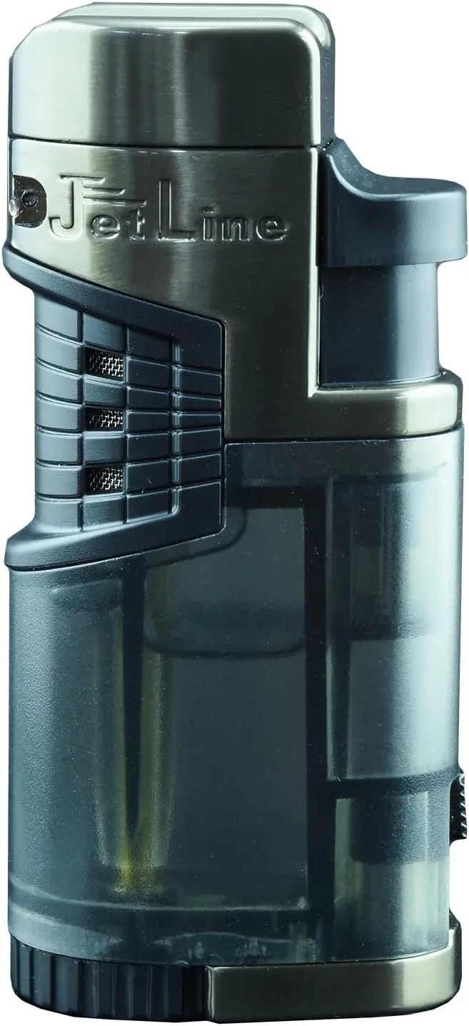 Jetline Mr. Fatboy - Black/Gunmetal - Quad Jet Flame Cigar Lighter - Extra Large Fuel Tank - Slide Out Punch Cutter - Built in Cigar Rest