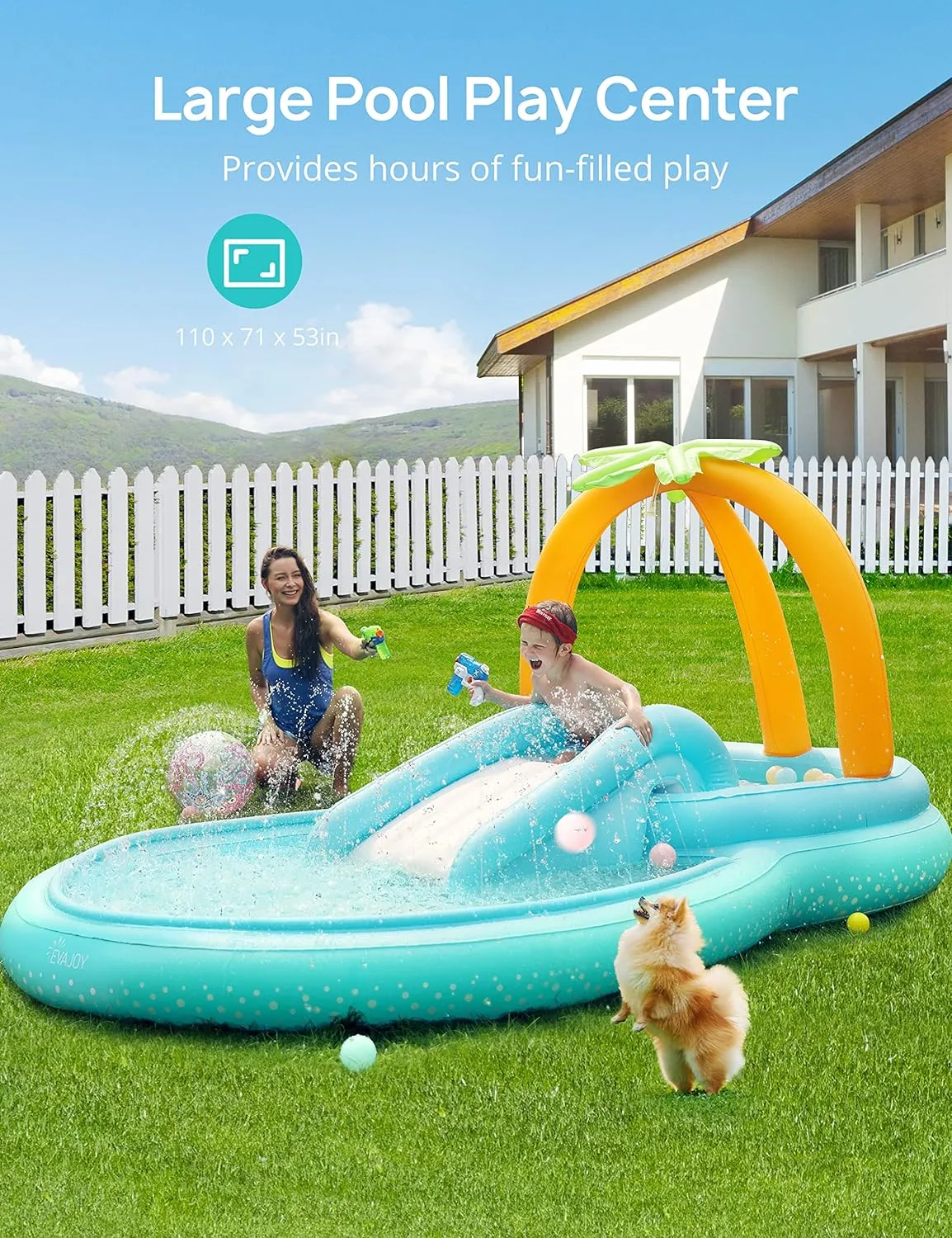 Kiddie Pool, Evajoy Inflatable Play Center Kids Pool with Slide, Water Sprayers Thickened Wear-Resistant Full-Sized Swimming Pool for Kids Toddler Children, Garden Backyard & Indoor Use 111”x70”x61”