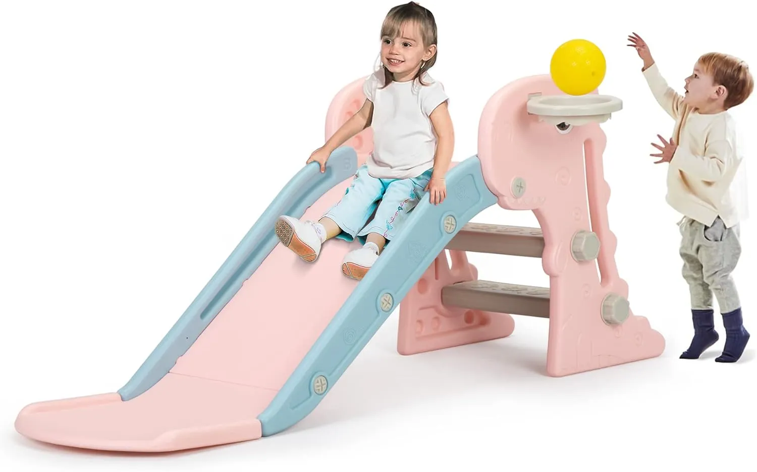 Kids Slide for Toddlers Age 1-3, Dinosaurs Play Slide for Outdoor and Indoor, Freestanding Climber Playset with Basketball Hoop, Ball and Ladder, Baby Plastic Slide, (Pink2)