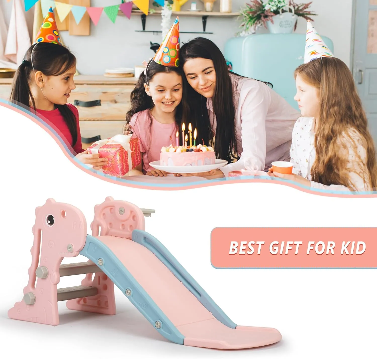 Kids Slide for Toddlers Age 1-3, Dinosaurs Play Slide for Outdoor and Indoor, Freestanding Climber Playset with Basketball Hoop, Ball and Ladder, Baby Plastic Slide, (Pink2)