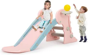Kids Slide for Toddlers Age 1-3, Dinosaurs Play Slide for Outdoor and Indoor, Freestanding Climber Playset with Basketball Hoop, Ball and Ladder, Baby Plastic Slide, (Pink2)