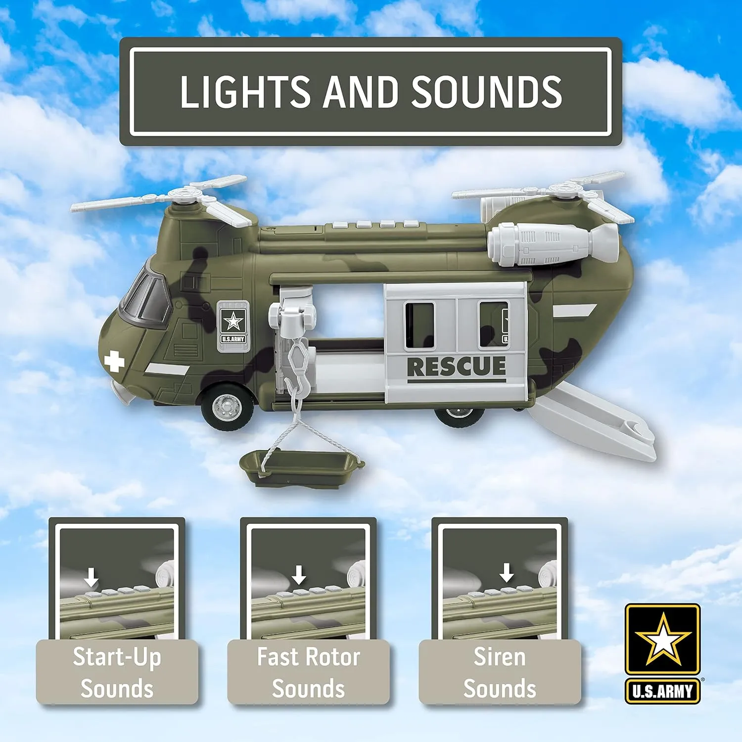Lollipop United States Army Helicopter Toy, Military Rescue Copter w/Lights, Sound & Accessories, Soldier Transport Aircraft Model, 3 