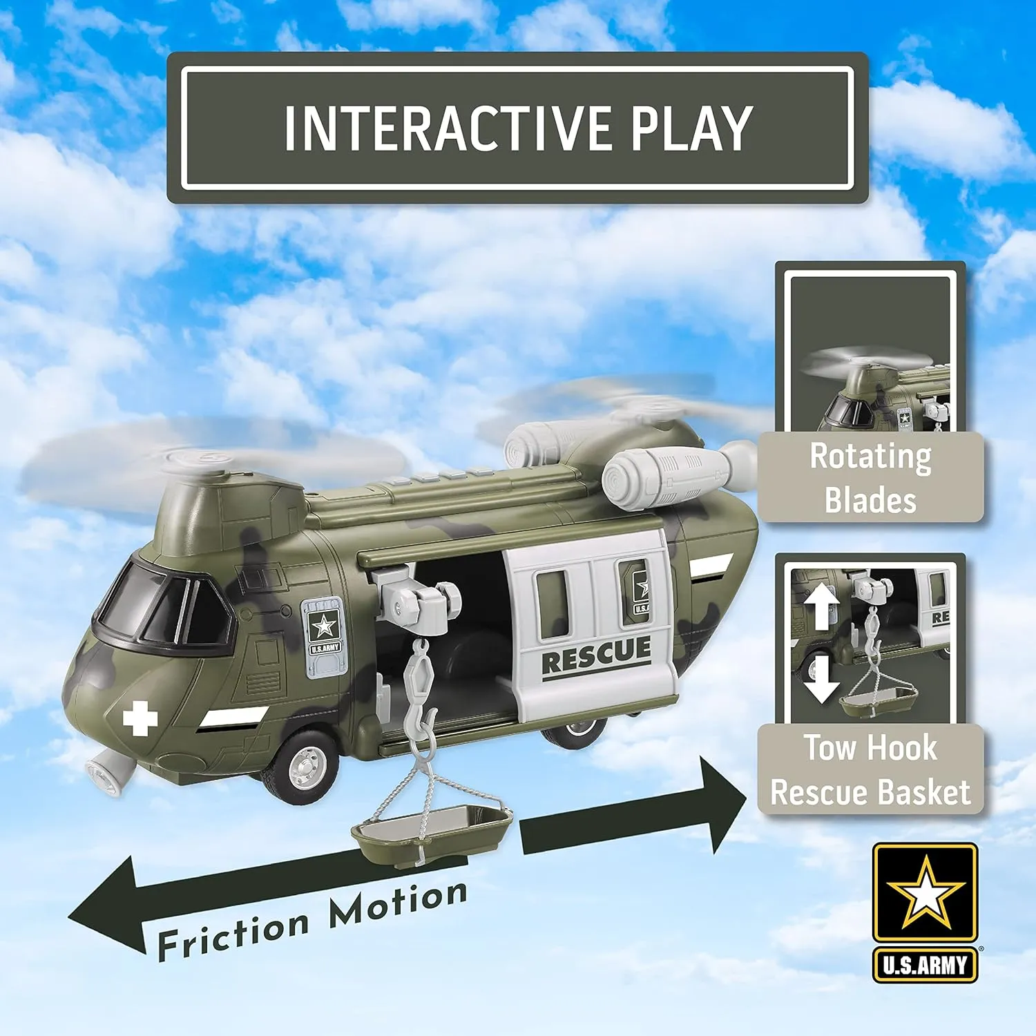 Lollipop United States Army Helicopter Toy, Military Rescue Copter w/Lights, Sound & Accessories, Soldier Transport Aircraft Model, 3 