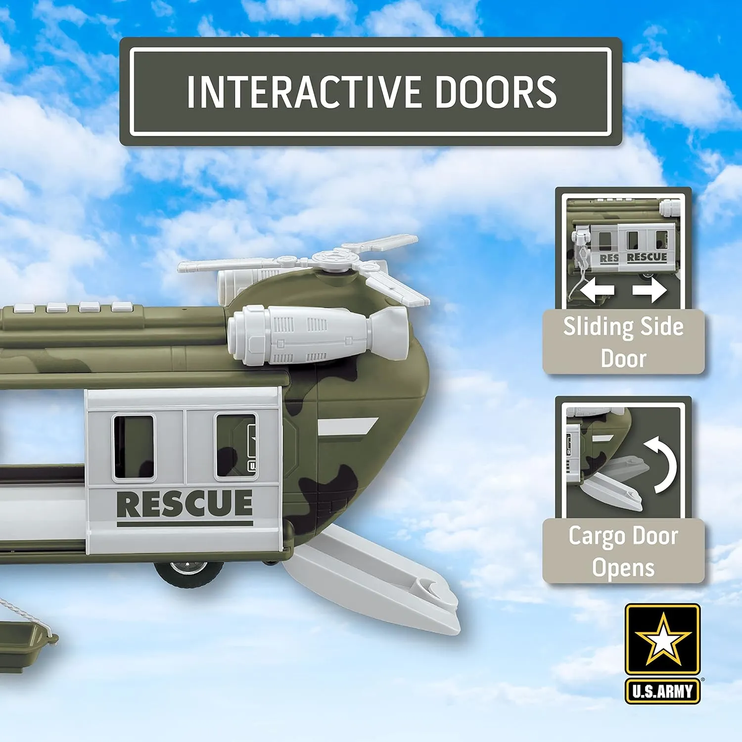 Lollipop United States Army Helicopter Toy, Military Rescue Copter w/Lights, Sound & Accessories, Soldier Transport Aircraft Model, 3 