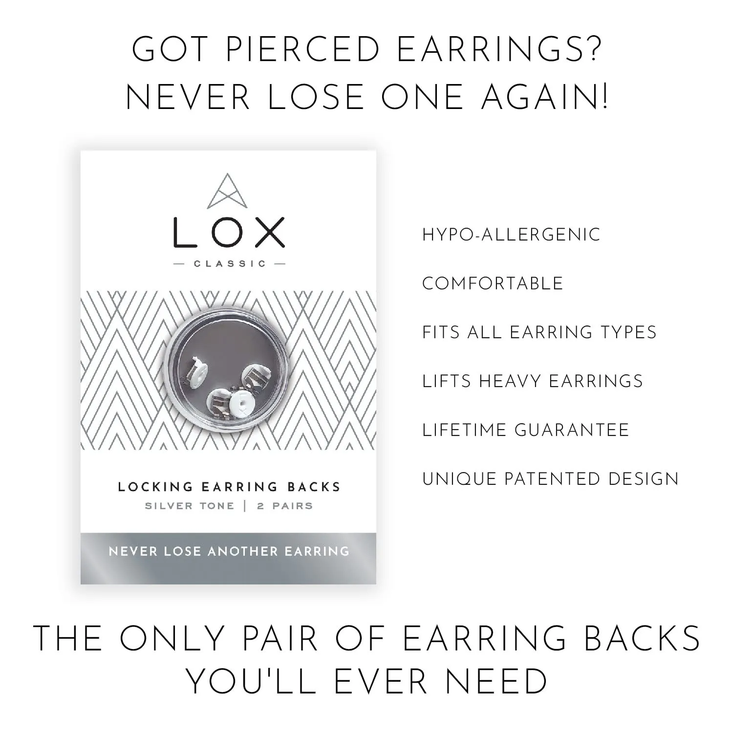 LOX Secure Locking Earring Backs for Women - Safe & Easy to Use Hypoallergenic Earings - Ideal for All Stud Earrings - Pack of Two - Silver, Silver Tone, Plastic Silver