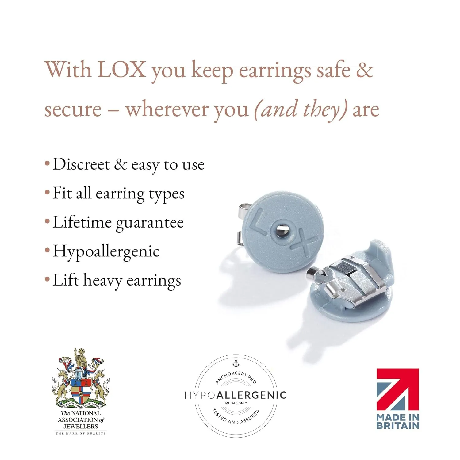LOX Secure Locking Earring Backs for Women - Safe & Easy to Use Hypoallergenic Earings - Ideal for All Stud Earrings - Pack of Two - Silver, Silver Tone, Plastic Silver