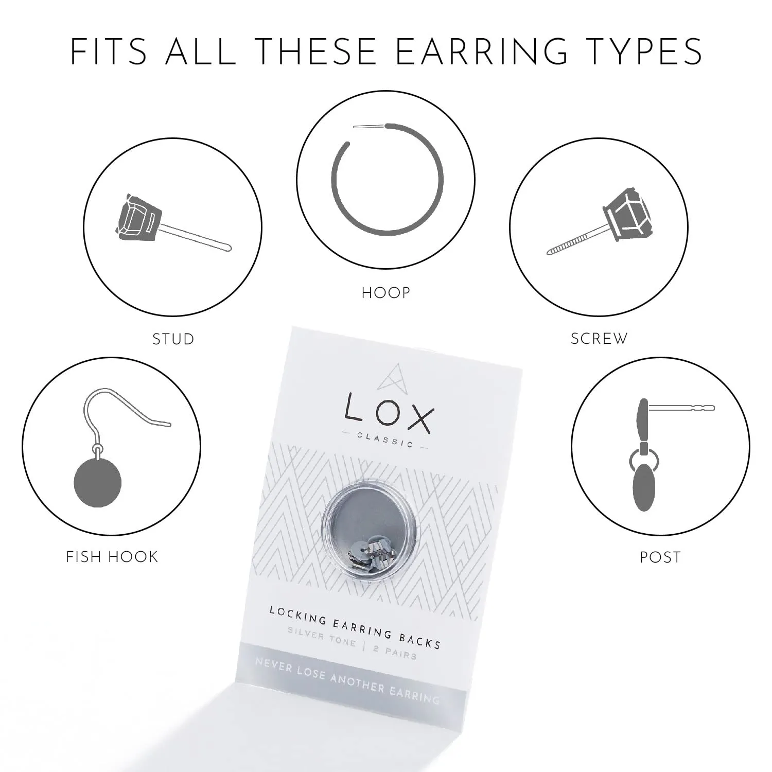 LOX Secure Locking Earring Backs for Women - Safe & Easy to Use Hypoallergenic Earings - Ideal for All Stud Earrings - Pack of Two - Silver, Silver Tone, Plastic Silver