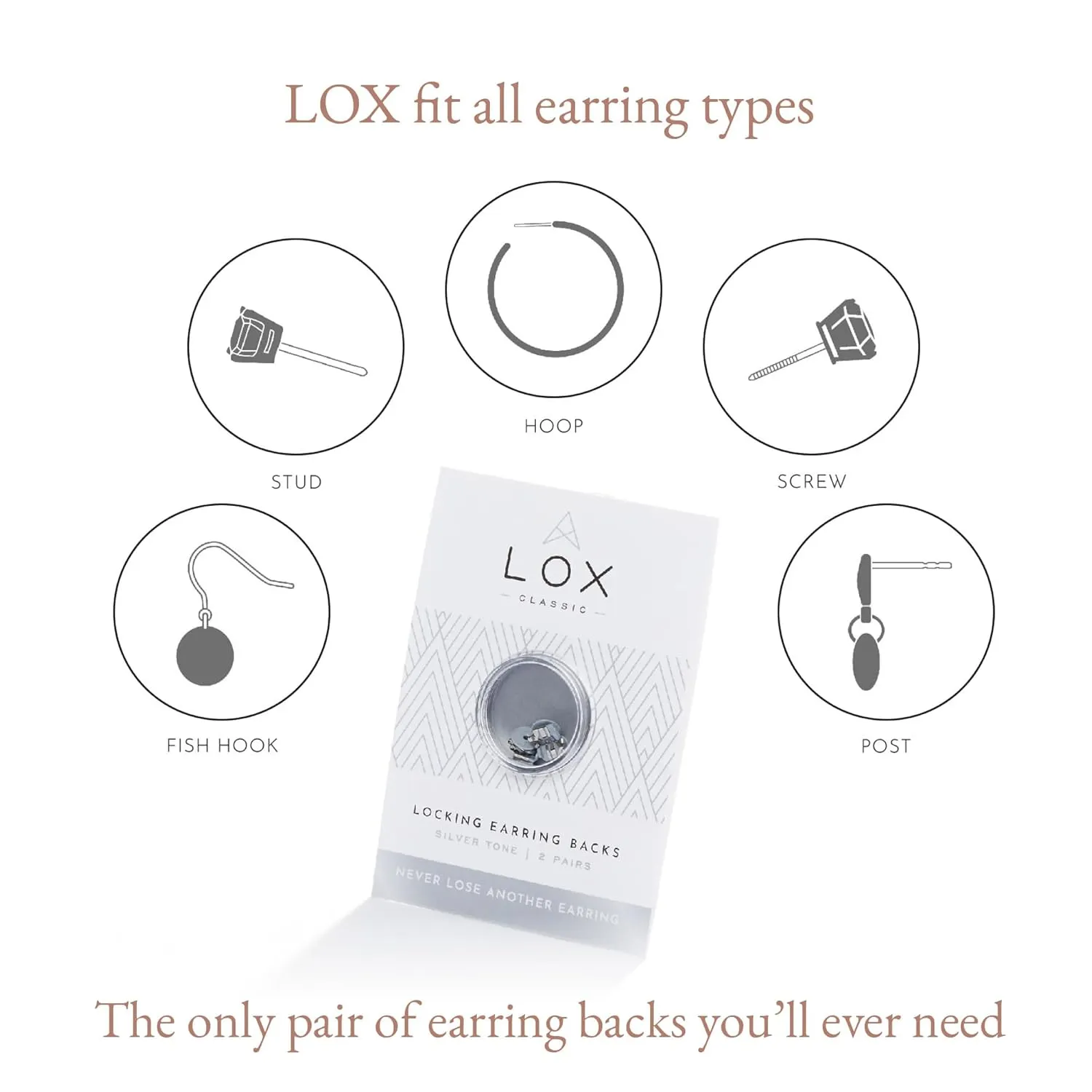 LOX Secure Locking Earring Backs for Women - Safe & Easy to Use Hypoallergenic Earings - Ideal for All Stud Earrings - Pack of Two - Silver, Silver Tone, Plastic Silver