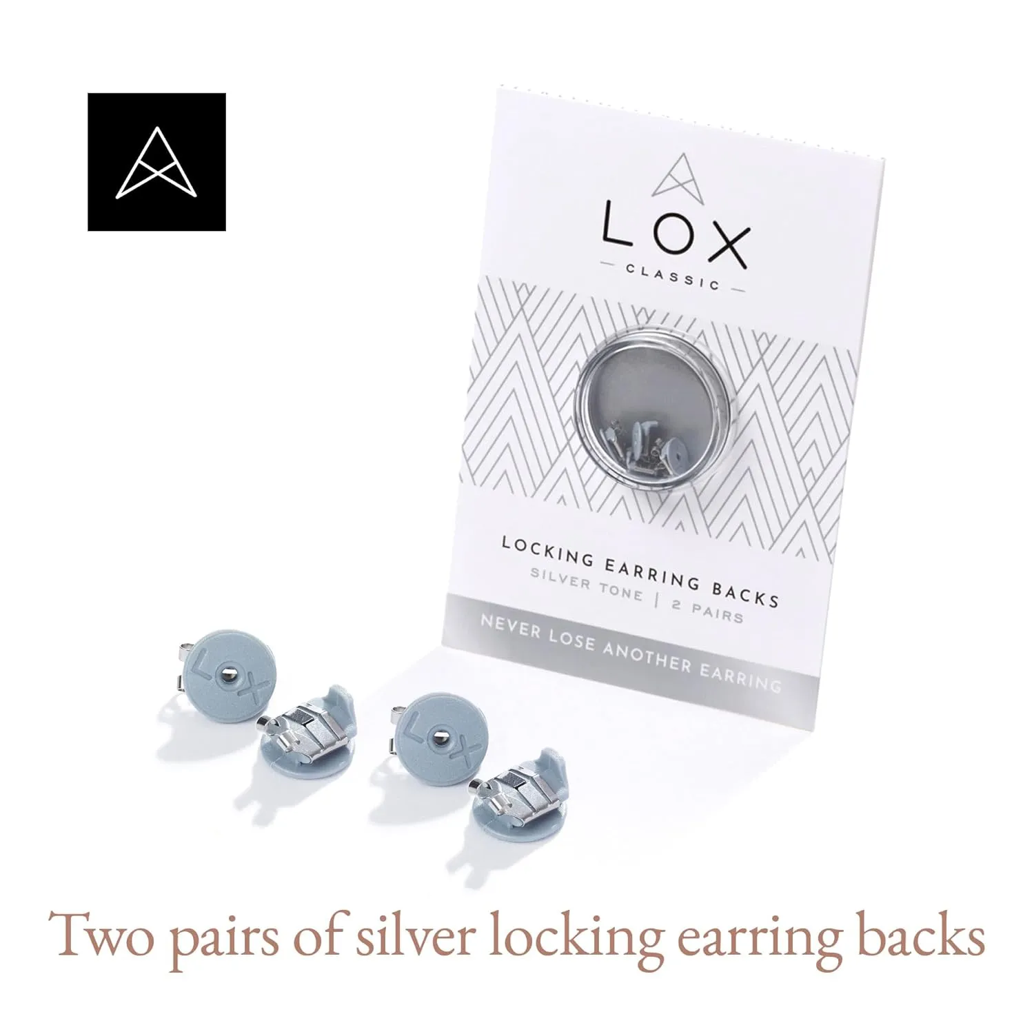 LOX Secure Locking Earring Backs for Women - Safe & Easy to Use Hypoallergenic Earings - Ideal for All Stud Earrings - Pack of Two - Silver, Silver Tone, Plastic Silver