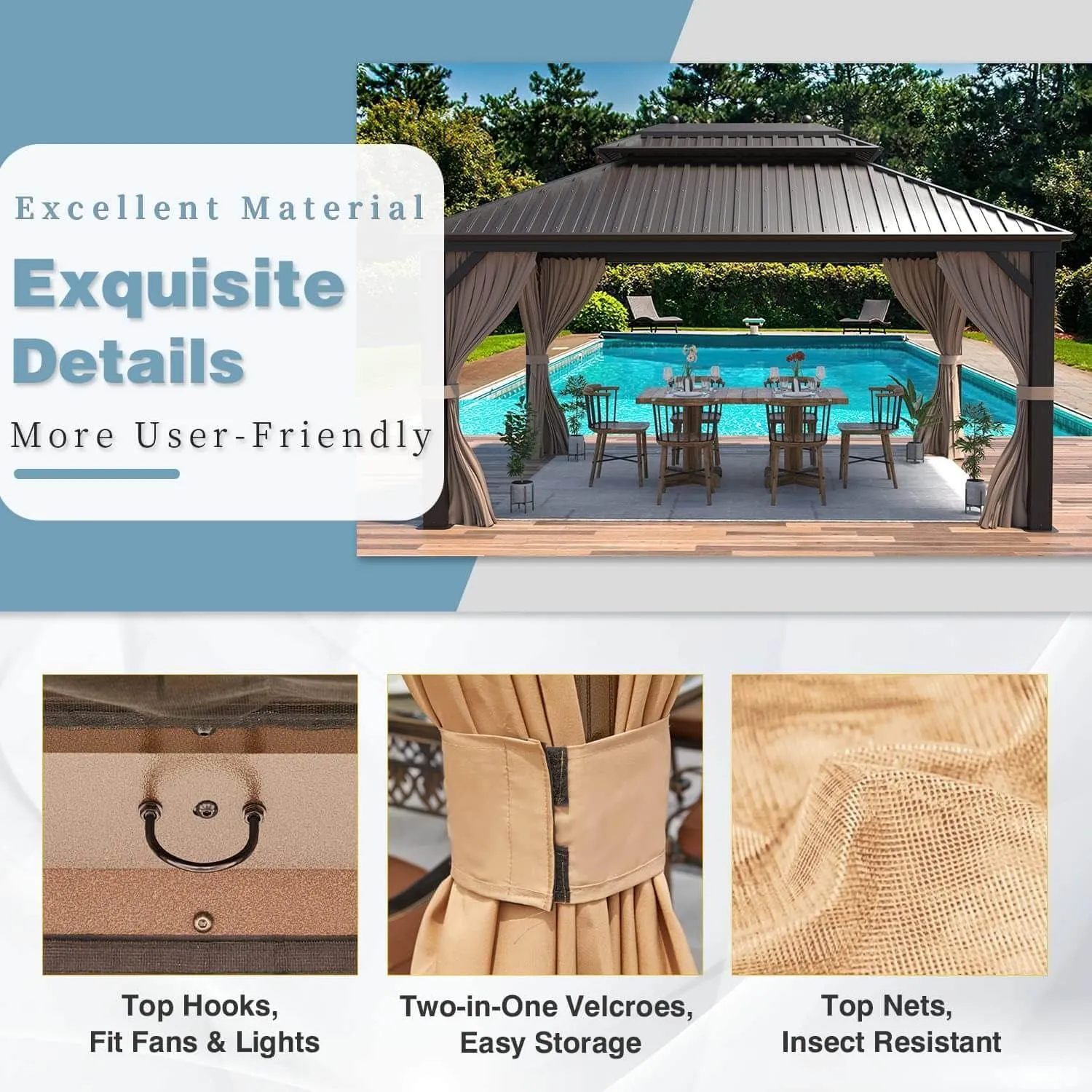 MELLCOM 10'x13' Hardtop Gazebo, Galvanized Steel Double Roof Metal Canopy with Aluminum Frame, Brown Permanent Patio Gazebos with Curtains and Netting for Patios, Gardens, Lawns