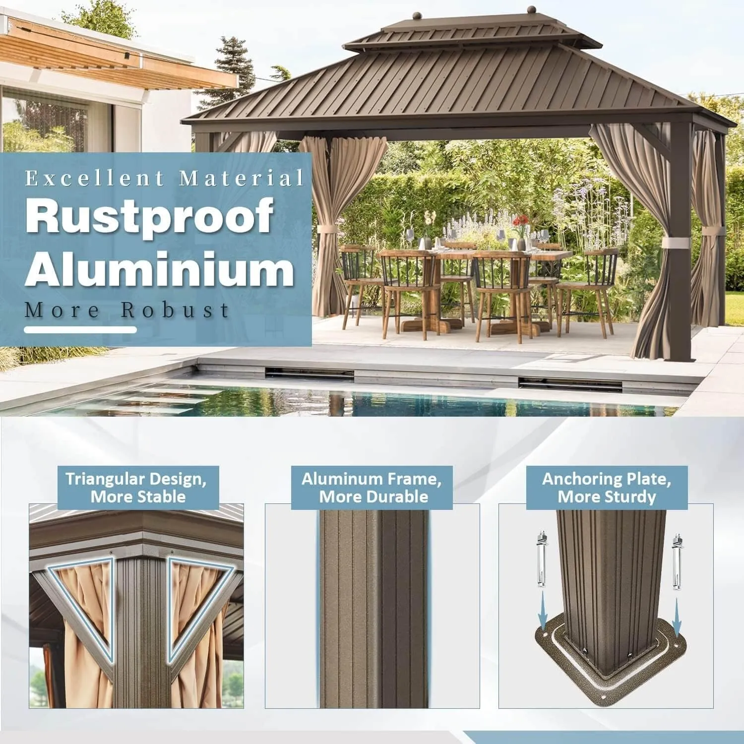 MELLCOM 10'x13' Hardtop Gazebo, Galvanized Steel Double Roof Metal Canopy with Aluminum Frame, Brown Permanent Patio Gazebos with Curtains and Netting for Patios, Gardens, Lawns