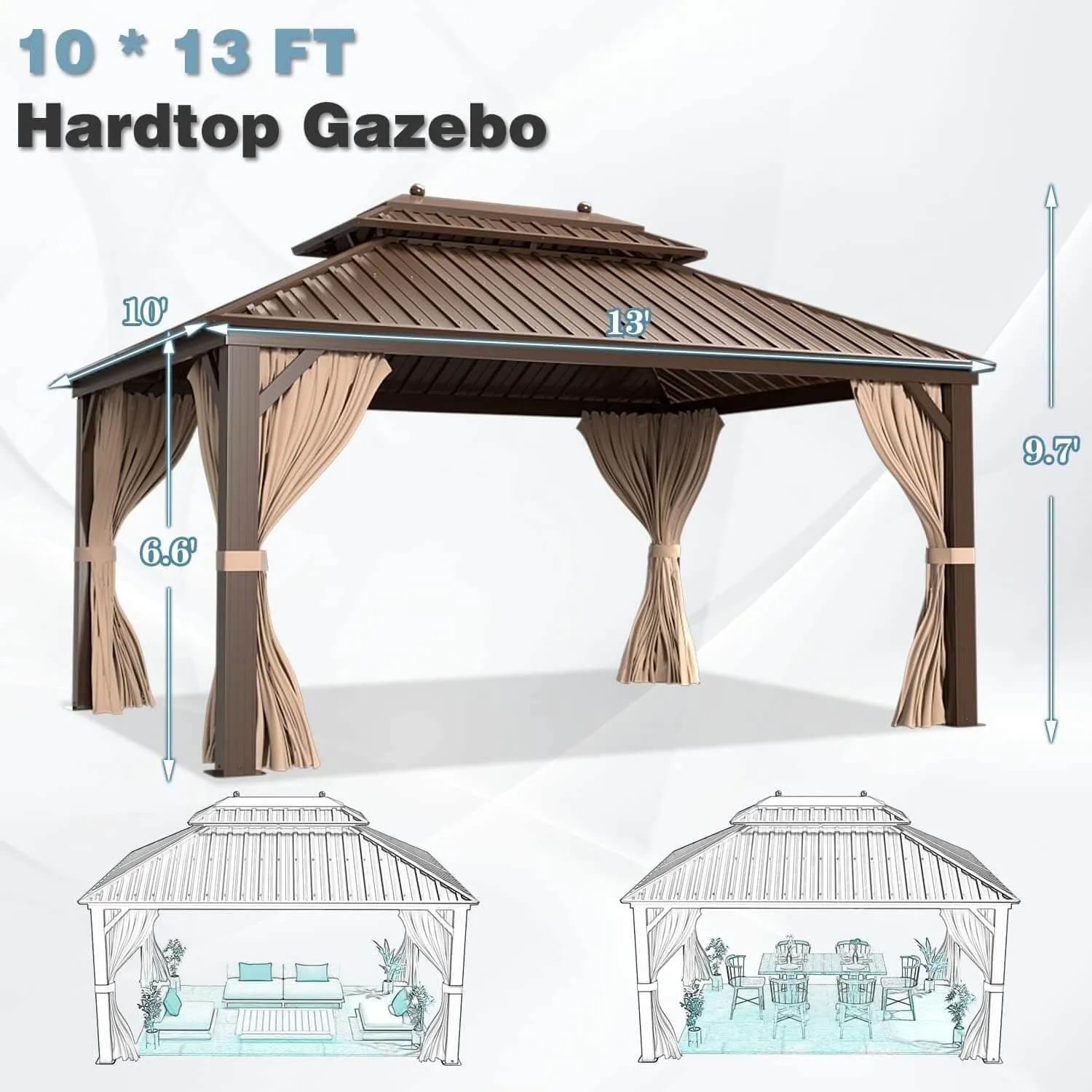 MELLCOM 10'x13' Hardtop Gazebo, Galvanized Steel Double Roof Metal Canopy with Aluminum Frame, Brown Permanent Patio Gazebos with Curtains and Netting for Patios, Gardens, Lawns