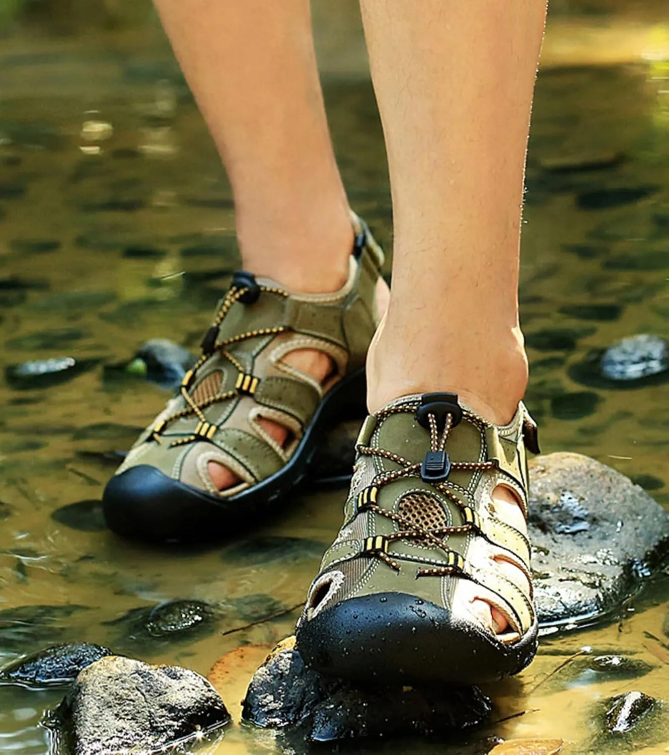 Men's Leather Hiking Sandals Outdoor Sports Summer Beach Fisherman Sandals Leather Sandal Closed Toe Walking Trekking Driving Sandals Casual Breathable Athletic Shoes