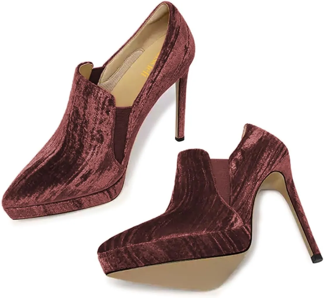 miss left Women Pointed Toe Velvet Stiletto Platform Loafer Pumps Slip on Sky-High Heels Wedding Prom Club Dressy Shoes Size 4-16 US