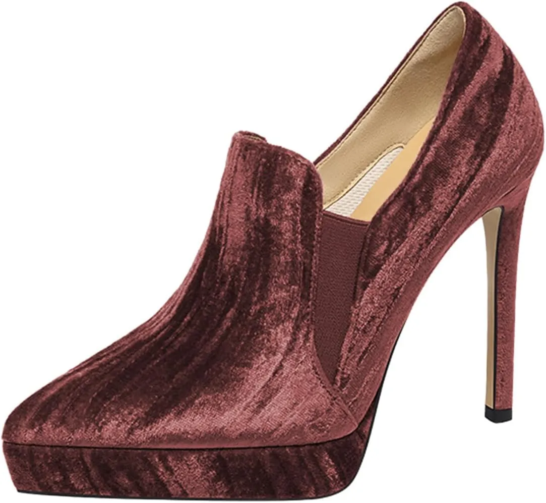 miss left Women Pointed Toe Velvet Stiletto Platform Loafer Pumps Slip on Sky-High Heels Wedding Prom Club Dressy Shoes Size 4-16 US