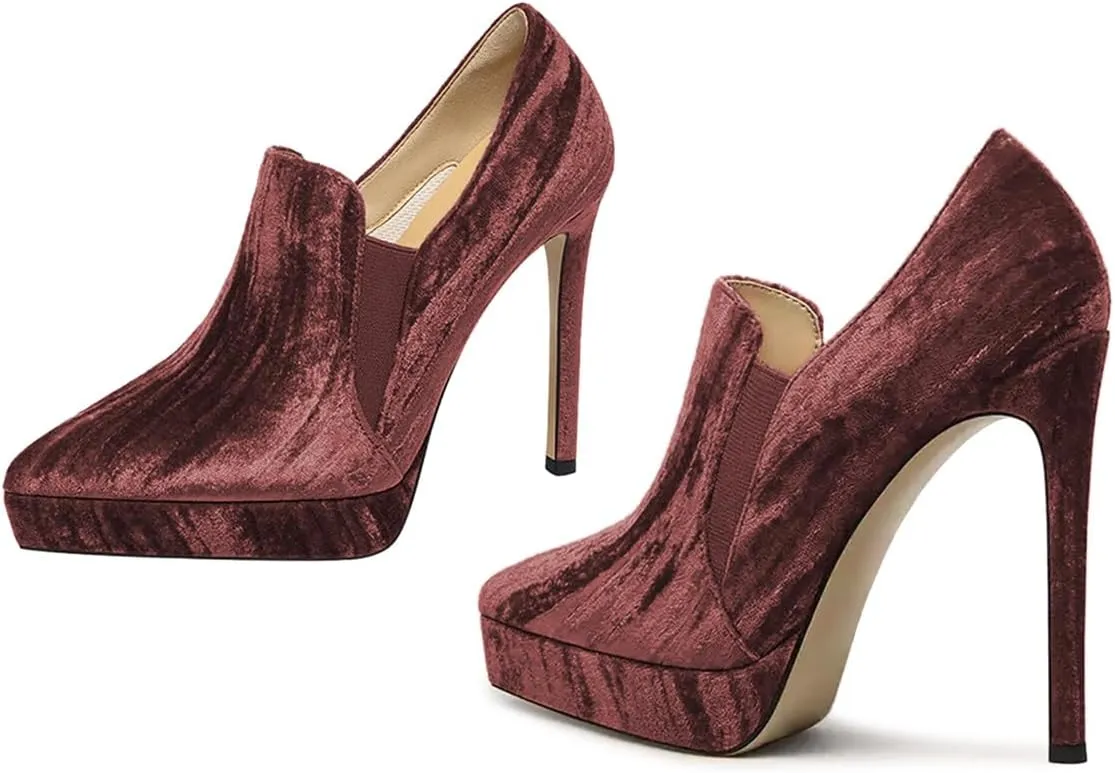 miss left Women Pointed Toe Velvet Stiletto Platform Loafer Pumps Slip on Sky-High Heels Wedding Prom Club Dressy Shoes Size 4-16 US