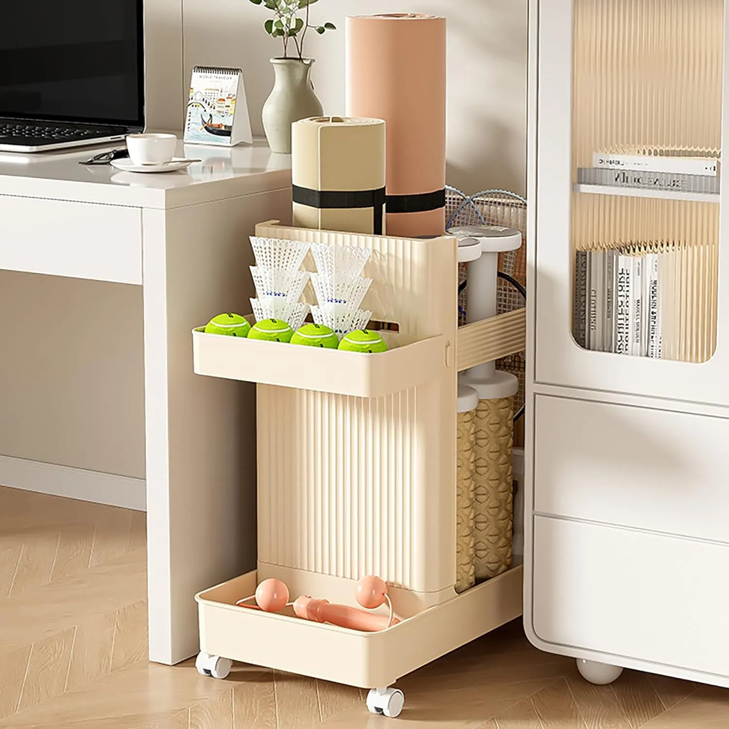 Multifunctional Storage Rack on Wheels, Floor Standing Storage Shelf with Large Capacity Workout Equipment Storage Cart Creamy Yellow for Home Gym School
