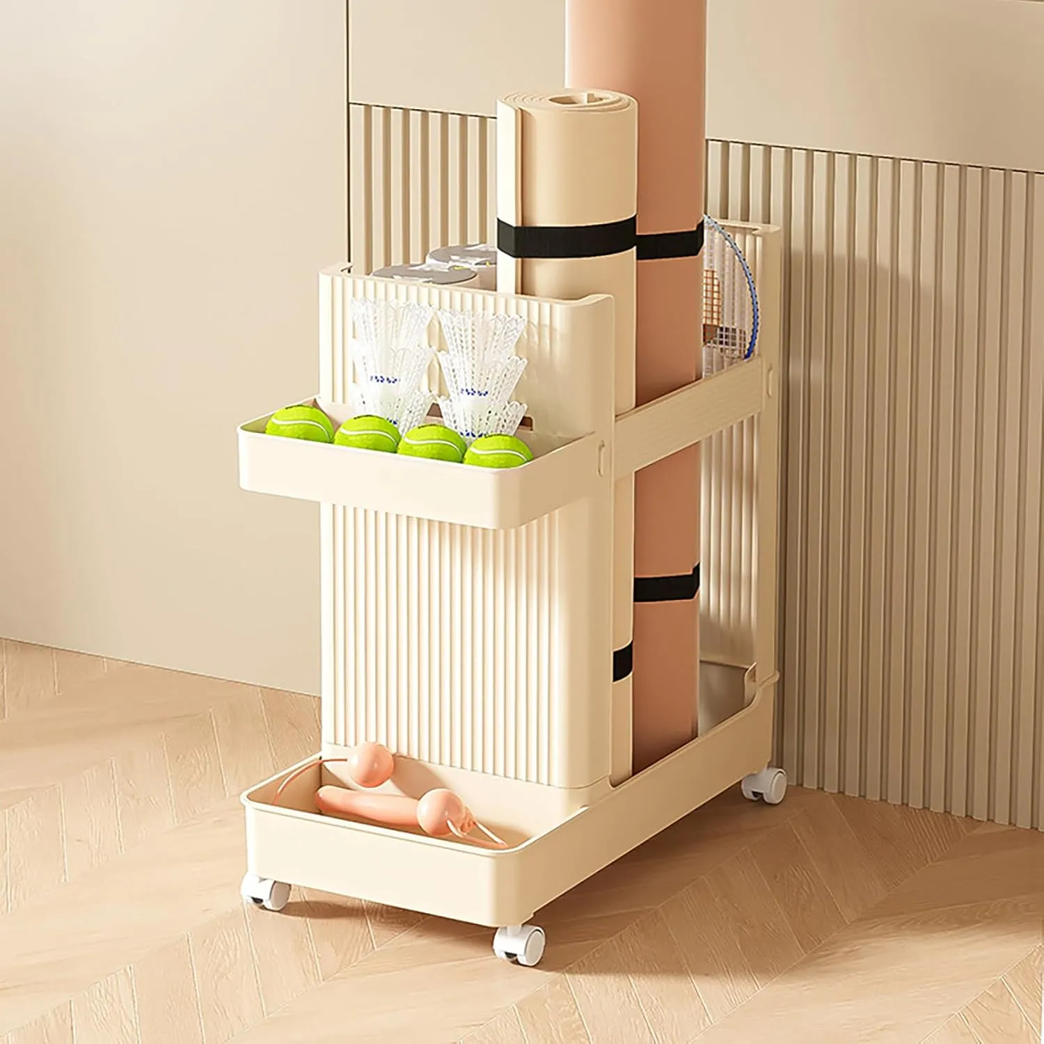 Multifunctional Storage Rack on Wheels, Floor Standing Storage Shelf with Large Capacity Workout Equipment Storage Cart Creamy Yellow for Home Gym School