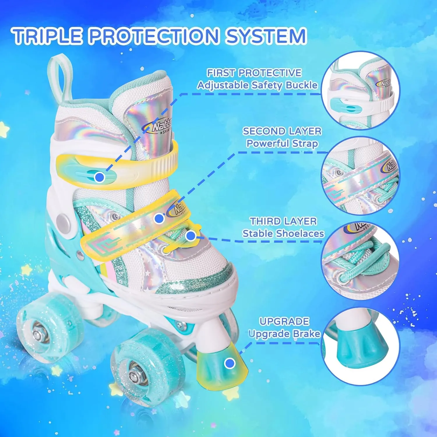 Nattork Girls Roller Skates for Kids, 4 Size Adjustable Rainbow Quad Skates with All Light Up Wheels - Best Birthday Gift for Outdoor Sports