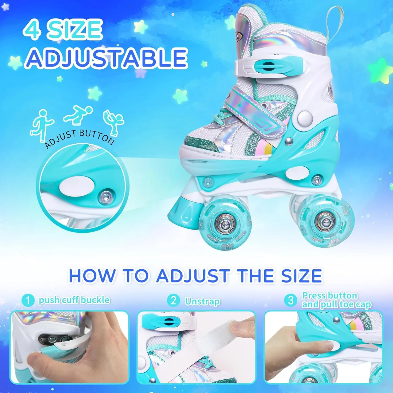 Nattork Girls Roller Skates for Kids, 4 Size Adjustable Rainbow Quad Skates with All Light Up Wheels - Best Birthday Gift for Outdoor Sports