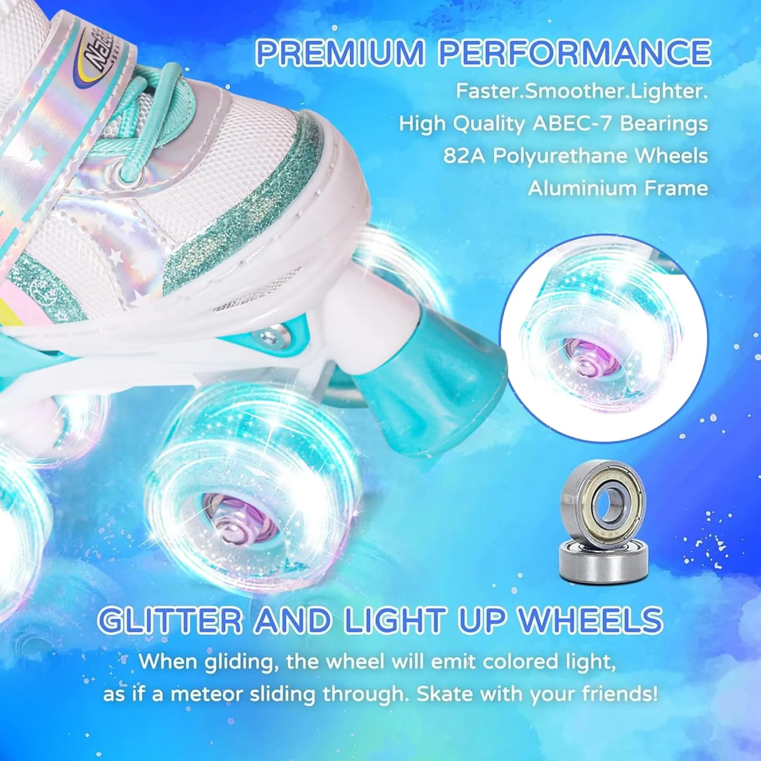 Nattork Girls Roller Skates for Kids, 4 Size Adjustable Rainbow Quad Skates with All Light Up Wheels - Best Birthday Gift for Outdoor Sports
