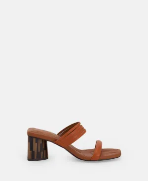 Orange Square Leather Sandal With Wooden Heel