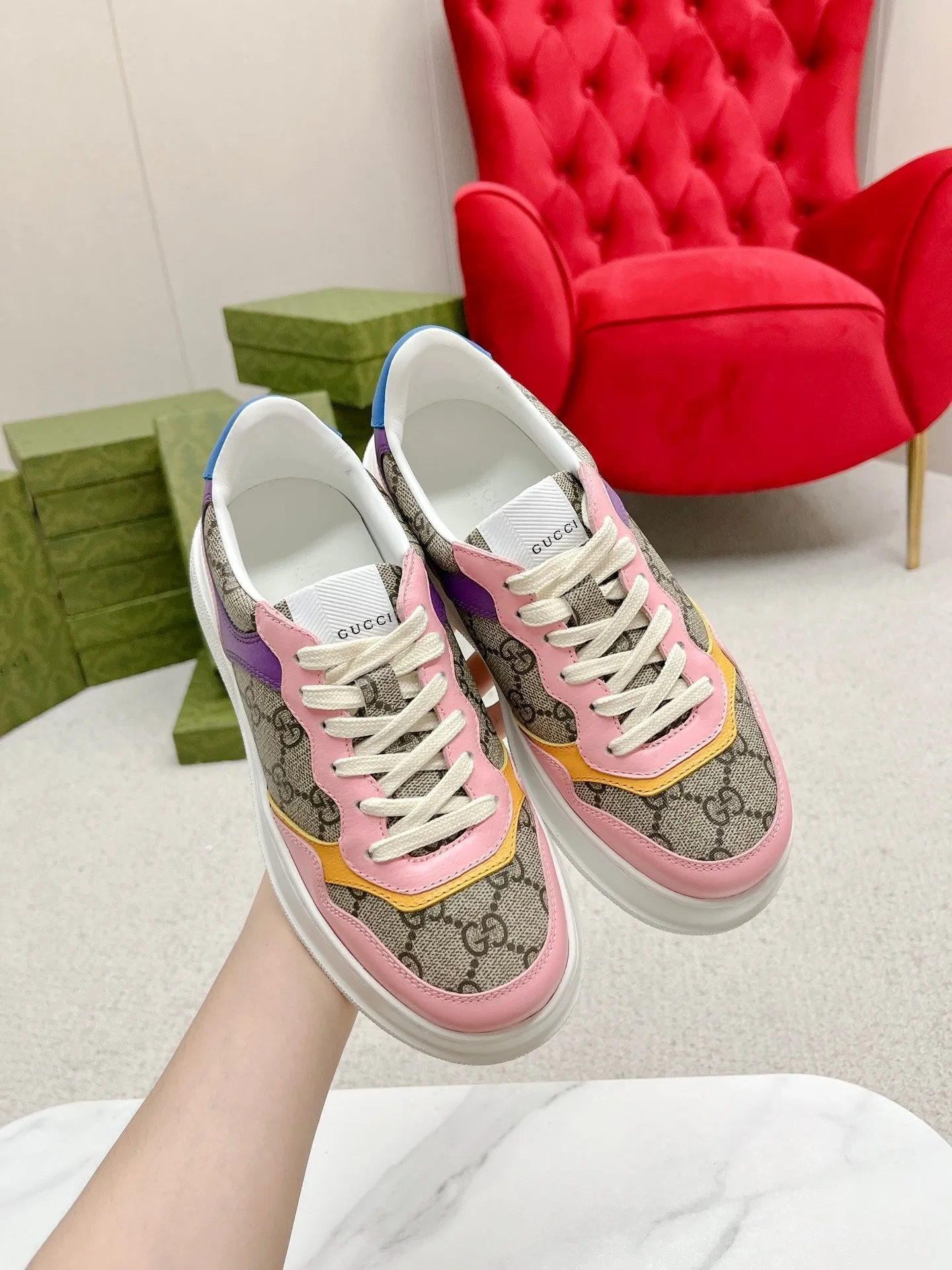PINK Gucci GG BROWN No-hassle returns TRAINER AND CALFSKIN Limited-time offer LIGHT