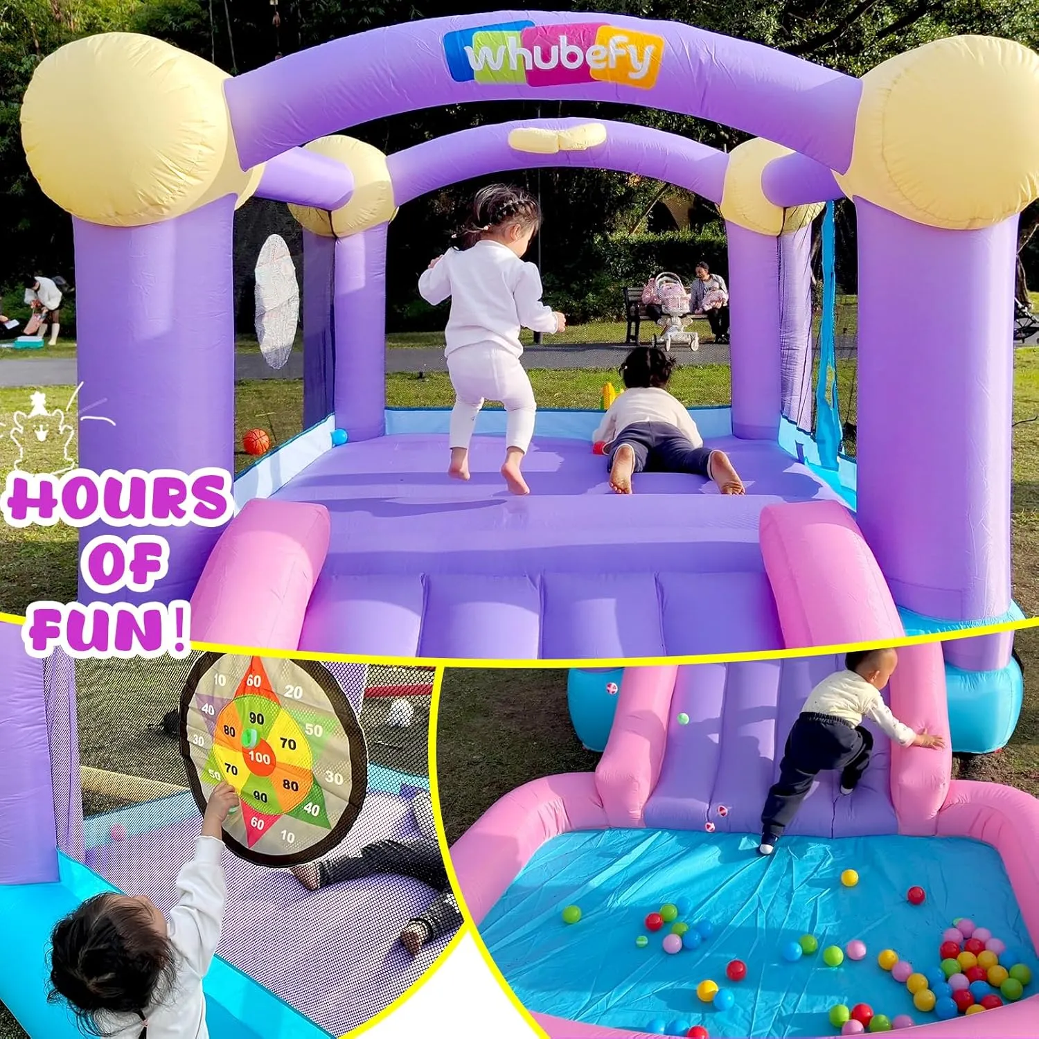 Pink Inflatable Bounce House for Kids 3-6 with Ball Pit & Slide, Indoor Jumpy Bouncy House w/470W Blower, 50 Ocean Balls, 6 Sticky Darts, Mini Bouncy Castle Playhouse for Toddler Girls Birthday Gifts