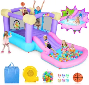 Pink Inflatable Bounce House for Kids 3-6 with Ball Pit & Slide, Indoor Jumpy Bouncy House w/470W Blower, 50 Ocean Balls, 6 Sticky Darts, Mini Bouncy Castle Playhouse for Toddler Girls Birthday Gifts