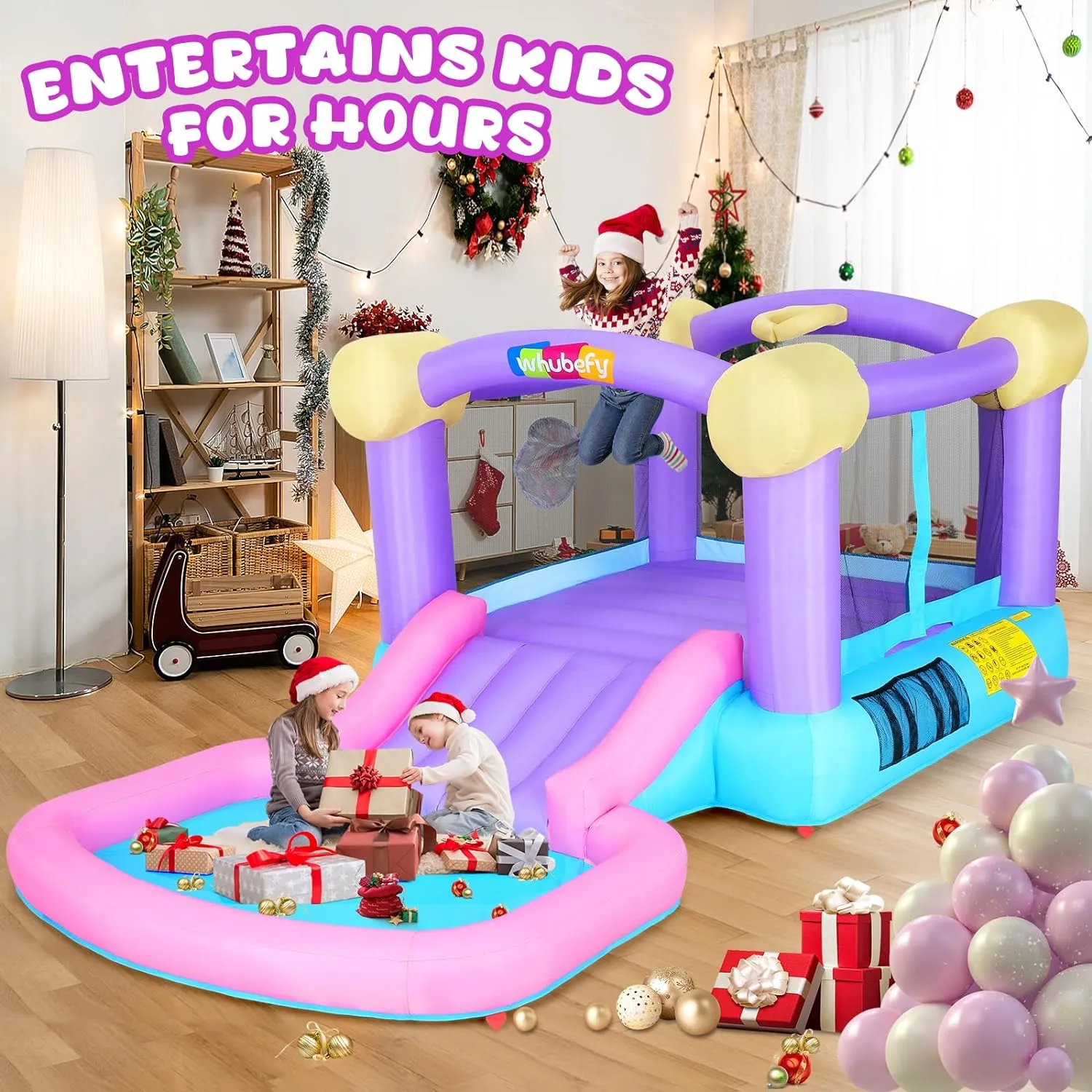 Pink Inflatable Bounce House for Kids 3-6 with Ball Pit & Slide, Indoor Jumpy Bouncy House w/470W Blower, 50 Ocean Balls, 6 Sticky Darts, Mini Bouncy Castle Playhouse for Toddler Girls Birthday Gifts