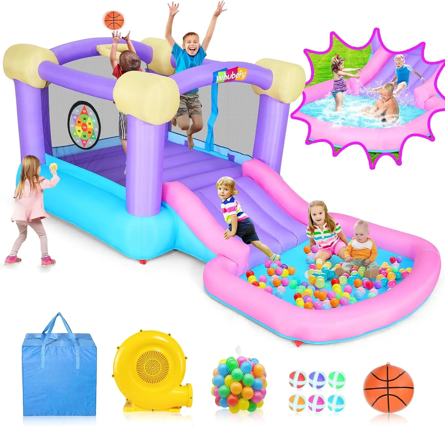 Pink Inflatable Bounce House for Kids 3-6 with Ball Pit & Slide, Indoor Jumpy Bouncy House w/470W Blower, 50 Ocean Balls, 6 Sticky Darts, Mini Bouncy Castle Playhouse for Toddler Girls Birthday Gifts