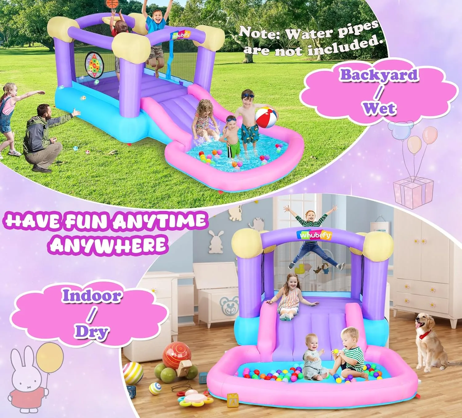 Pink Inflatable Bounce House for Kids 3-6 with Ball Pit & Slide, Indoor Jumpy Bouncy House w/470W Blower, 50 Ocean Balls, 6 Sticky Darts, Mini Bouncy Castle Playhouse for Toddler Girls Birthday Gifts