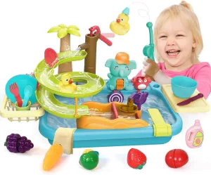 Play Sink Toy with Running Water, 4-in-1 Kitchen Sink Toy for Toddlers 3  Years with Manual Pump, Water Slide Track, Fishing Set, Pretend Play Kitchen Toy Water Play for Kids Boys Girls