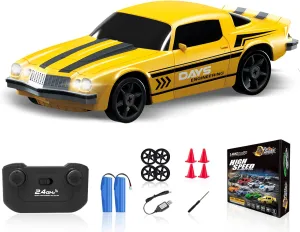 RC Drift Car, 1/24 4WD Remote Control Car 2.4GHz High Speed Drift RC Cars with LED Light, Two Rechargeable Batteries and Drifting Tires for Kids Boys Girls and Adults, Yellow