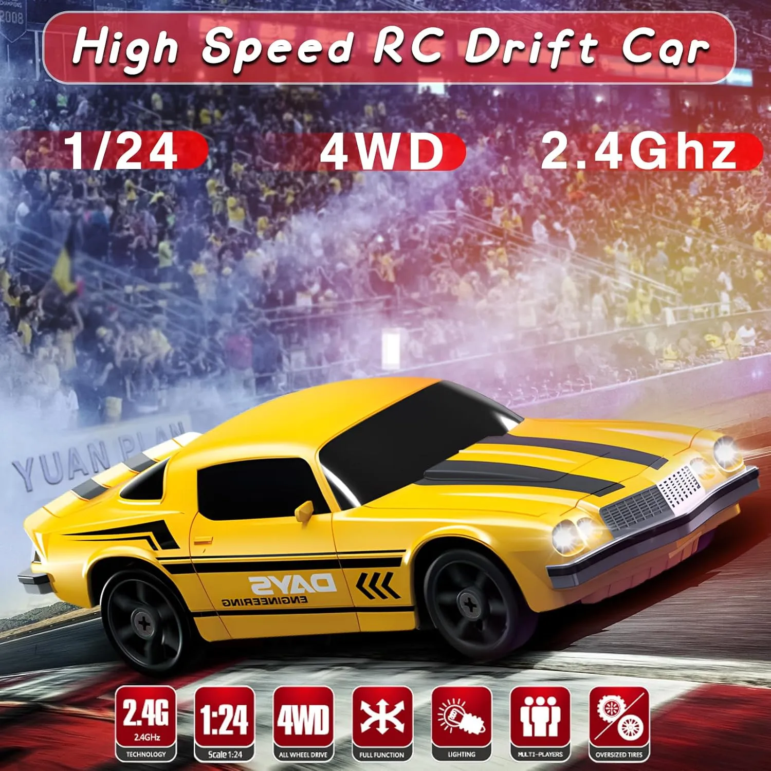 RC Drift Car, 1/24 4WD Remote Control Car 2.4GHz High Speed Drift RC Cars with LED Light, Two Rechargeable Batteries and Drifting Tires for Kids Boys Girls and Adults, Yellow
